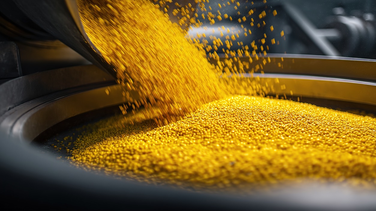 Exothermic Pellets | Reedy Chemical Foam Gold-colored granules pouring from a chute into a large industrial hopper or drum during processing, sunlight-like glow on the shimmering particles.